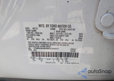 2021 Ford Police Interceptor из США, поврежденный, VIN 1FM5K8AB9MGC00317